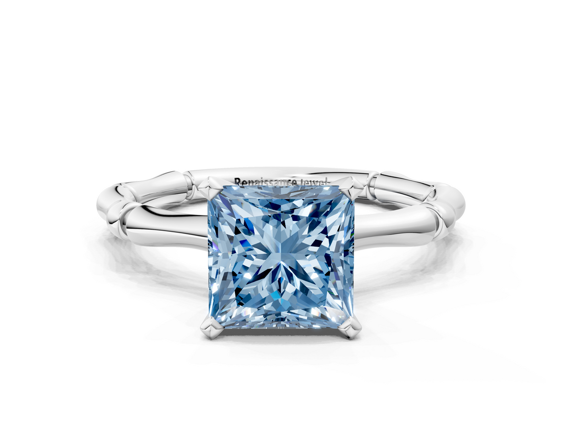 White gold Fancy Blue Princess  Solitaire Diamond Ring with Bamboo Band and Four-Prong Setting_52