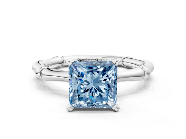 Platinum Fancy Blue Princess  Solitaire Diamond Ring with Bamboo Band and Four-Prong Setting
