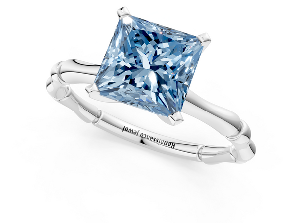 Platinum Fancy Blue Princess  Solitaire Diamond Ring with Bamboo Band and Four-Prong Setting