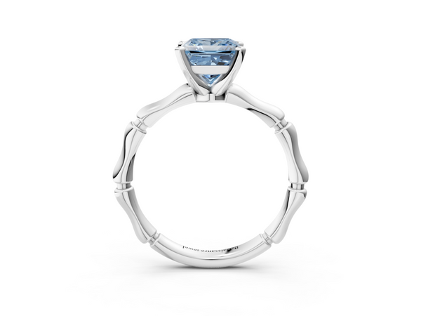 Platinum Fancy Blue Princess  Solitaire Diamond Ring with Bamboo Band and Four-Prong Setting