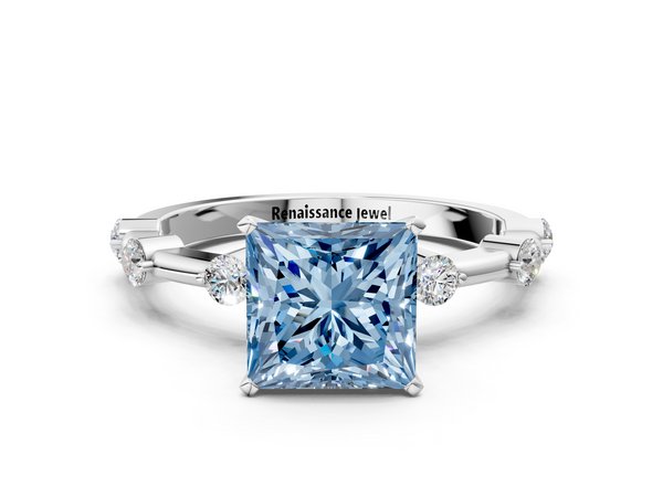 White gold Fancy Blue Princess  Solitaire Diamond Ring with Bezel Set Side Stones and Prong Setting