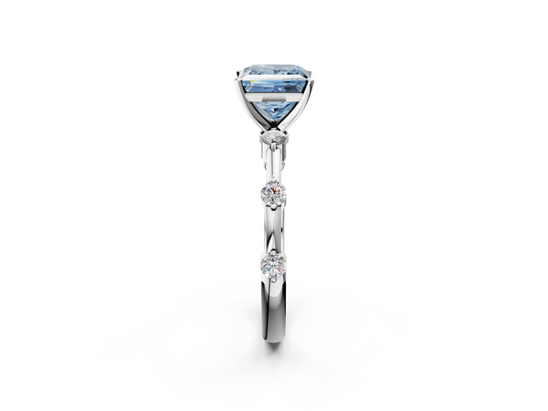 White gold Fancy Blue Princess  Solitaire Diamond Ring with Bezel Set Side Stones and Prong Setting