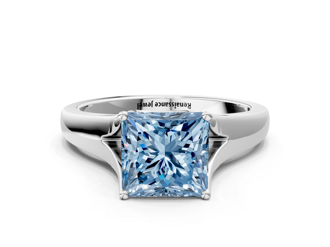 White gold Fancy Blue Princess  Solitaire Diamond Ring with Cathedral Band and Four-Prong Setting_66