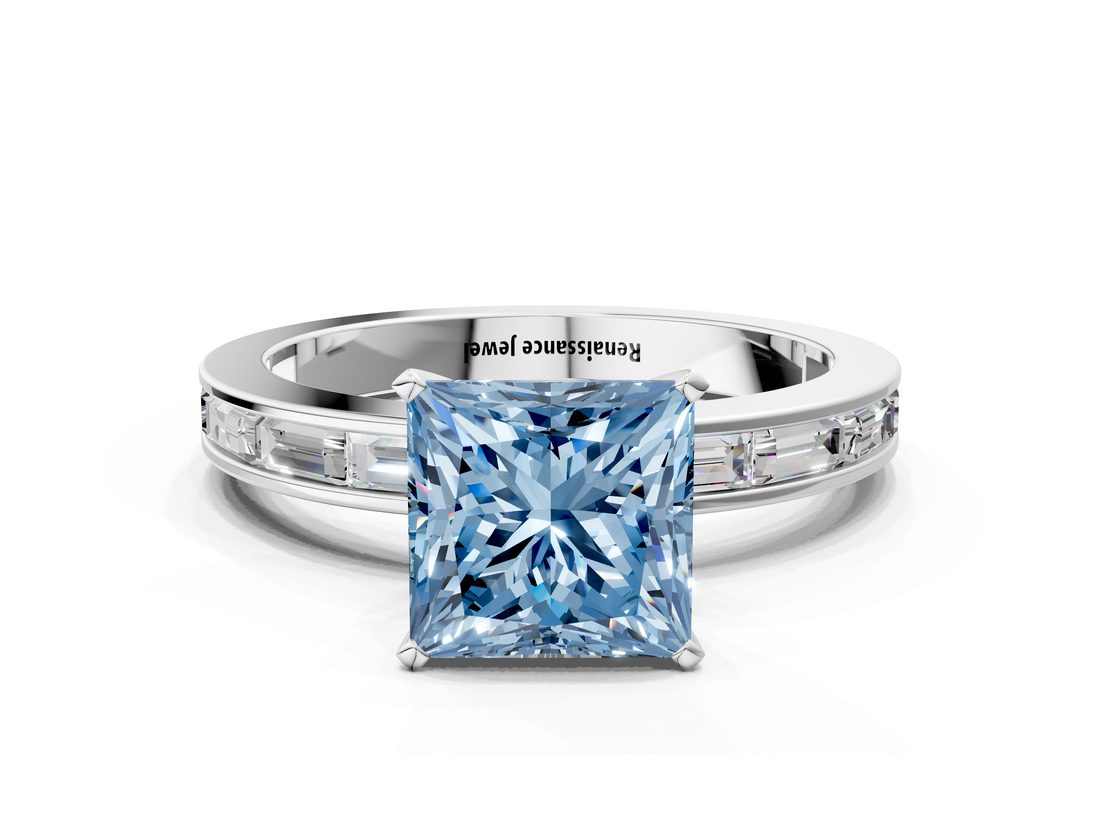 White gold Fancy Blue Princess  Solitaire Diamond Ring with Channel-Set Baguette Band and Four-Prong Setting_45