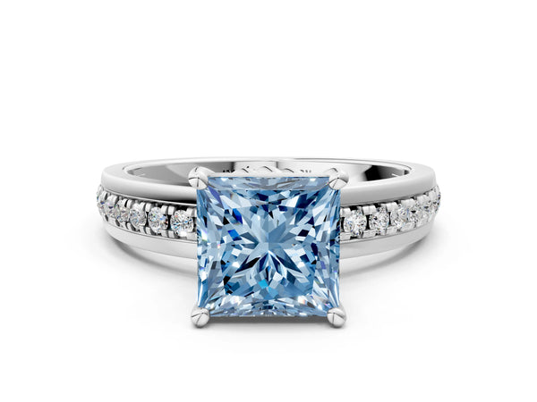 White gold Fancy Blue Princess  Solitaire Diamond Ring with Channel Set Band and Six-Prong Setting