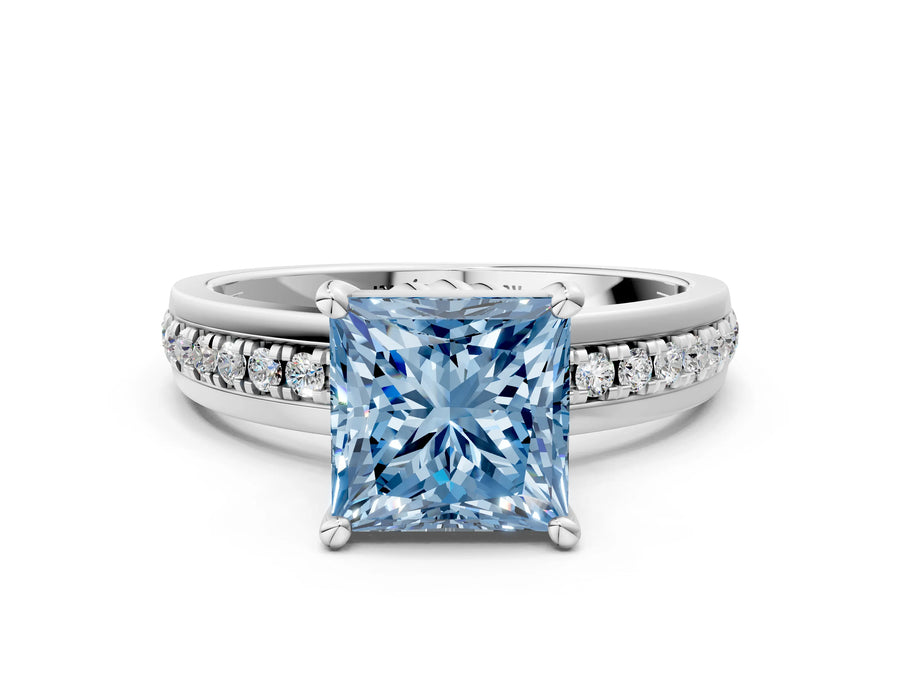 White gold Fancy Blue Princess  Solitaire Diamond Ring with Channel Set Band and Six-Prong Setting