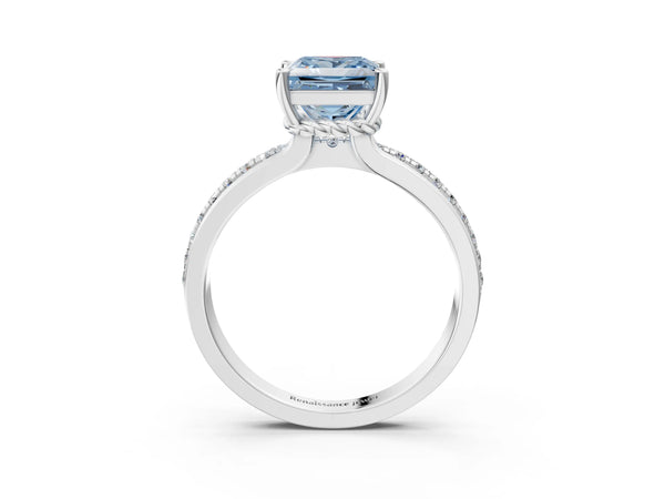 White gold Fancy Blue Princess  Solitaire Diamond Ring with Channel Set Band and Six-Prong Setting