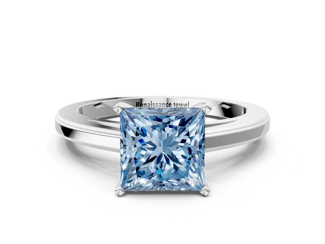White gold Fancy Blue Princess  Solitaire Diamond Ring with Four-Prong Setting and Classic Band_3