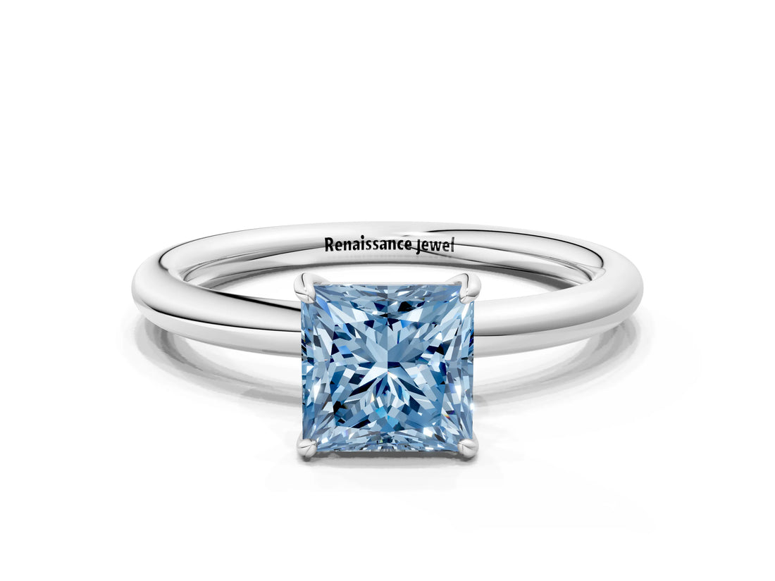 White gold Fancy Blue Princess  Solitaire Diamond Ring with Four-Prong Setting on a Plain Band_56