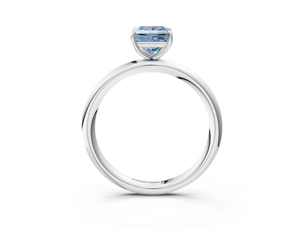 Platinum Fancy Blue Princess  Solitaire Diamond Ring with Four-Prong Setting on a Plain Band