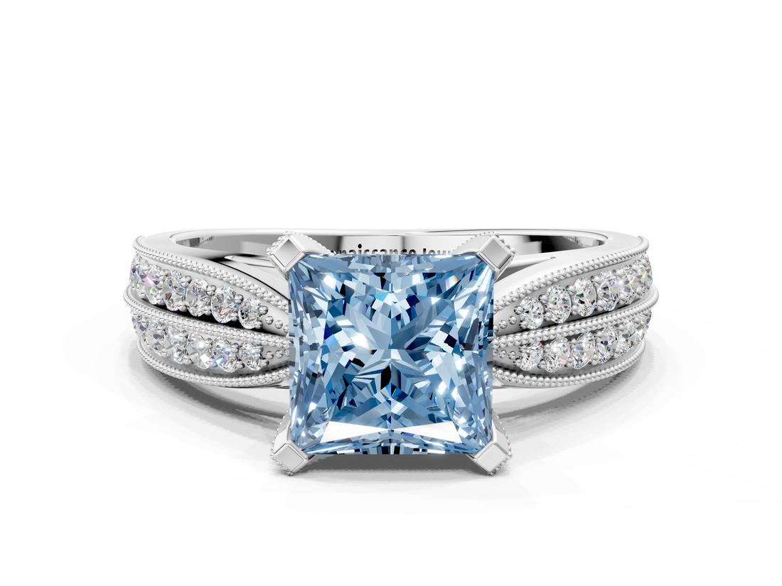 White gold Fancy Blue Princess  Solitaire Diamond Ring with Milgrain Pavé Band and Four-Prong Setting_36
