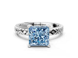 White gold Fancy Blue Princess  Solitaire Diamond Ring with Milgrain and Black Enamel X Pattern Band_197
