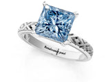 White gold Fancy Blue Princess  Solitaire Diamond Ring with Milgrain and Black Enamel X Pattern Band_198