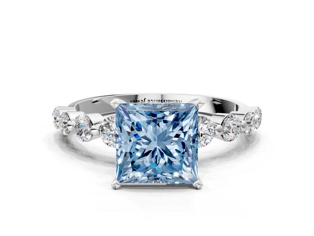 White gold Fancy Blue Princess  Solitaire Diamond Ring with Pave Band and Four-Prong Setting_218
