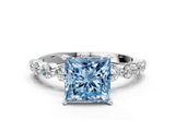 White gold Fancy Blue Princess  Solitaire Diamond Ring with Pave Band and Four-Prong Setting_218