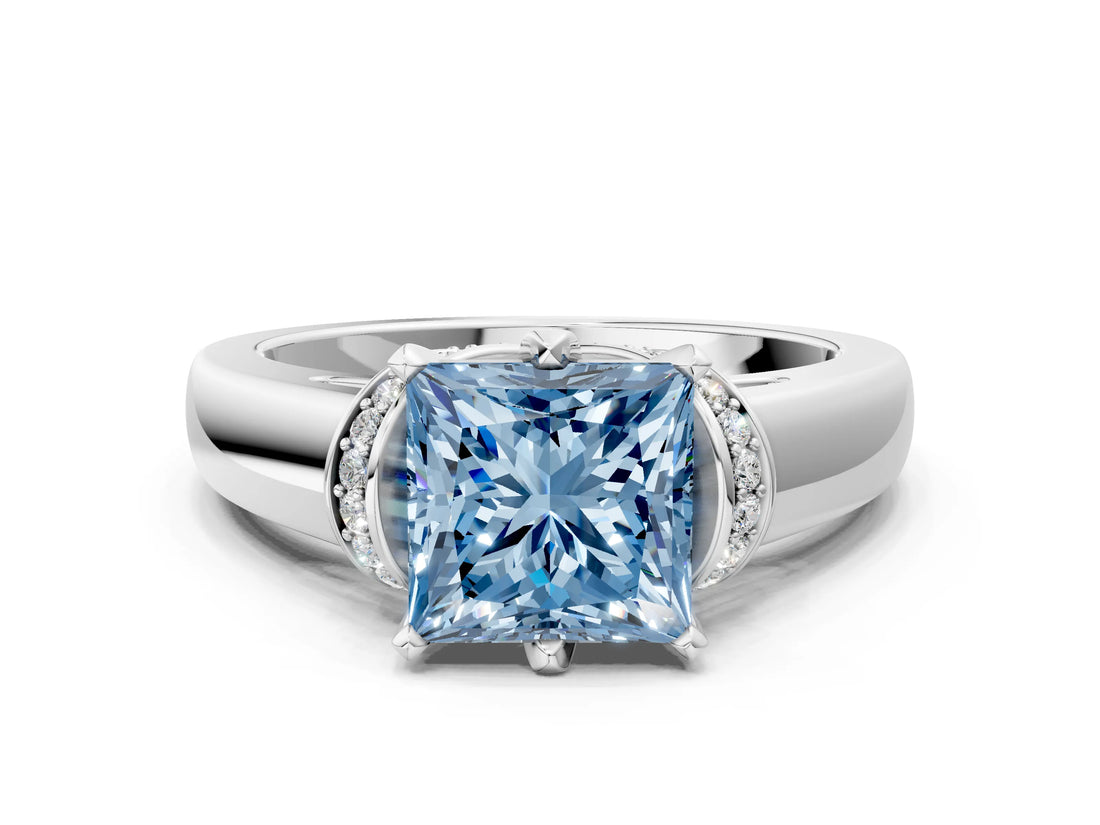 White gold Fancy Blue Princess  Solitaire Diamond Ring with Pave Band and Six-Prong Setting_32
