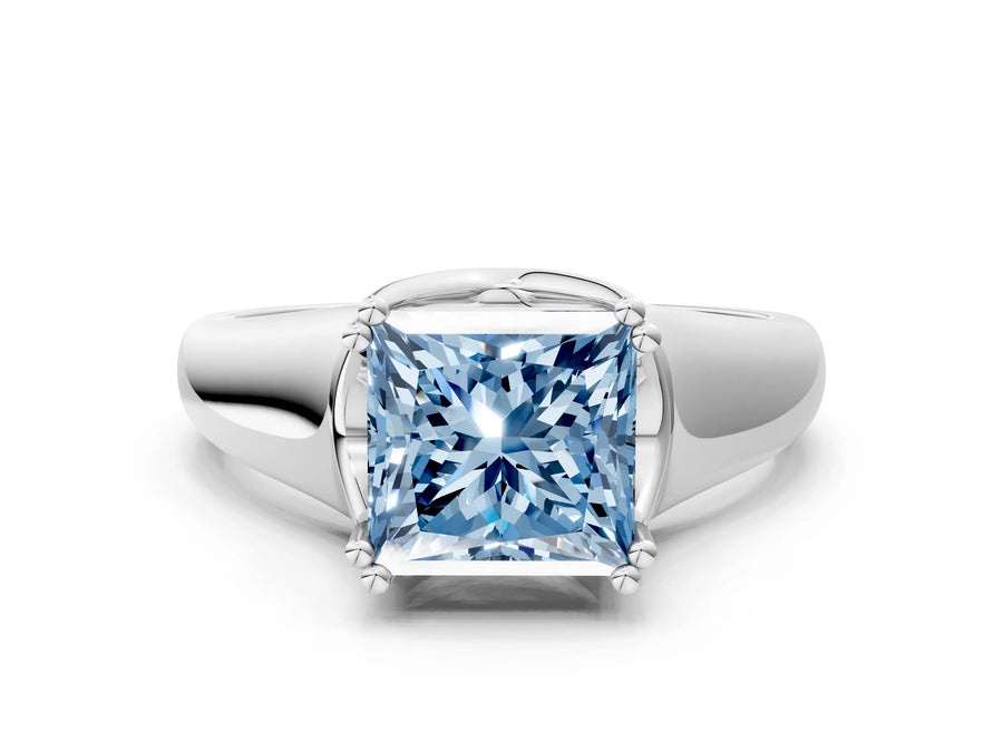 White gold Fancy Blue Princess Cut Diamond Solitaire Ring with Wide Band and Prong Setting