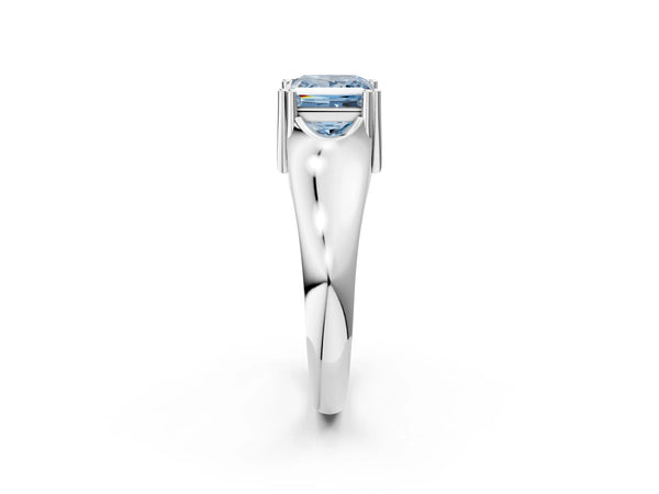 White gold Fancy Blue Princess Cut Diamond Solitaire Ring with Wide Band and Prong Setting