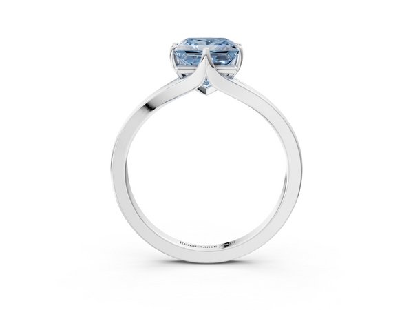 White gold Fancy Blue Princess  Solitaire Diamond Ring with Six-Prong Setting and Tapered Band