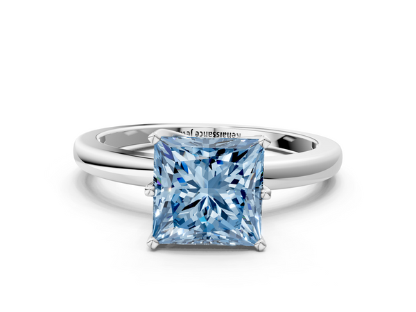 White gold Fancy Blue Princess  Solitaire Diamond Ring with Six-Prong Setting on a Classic Band