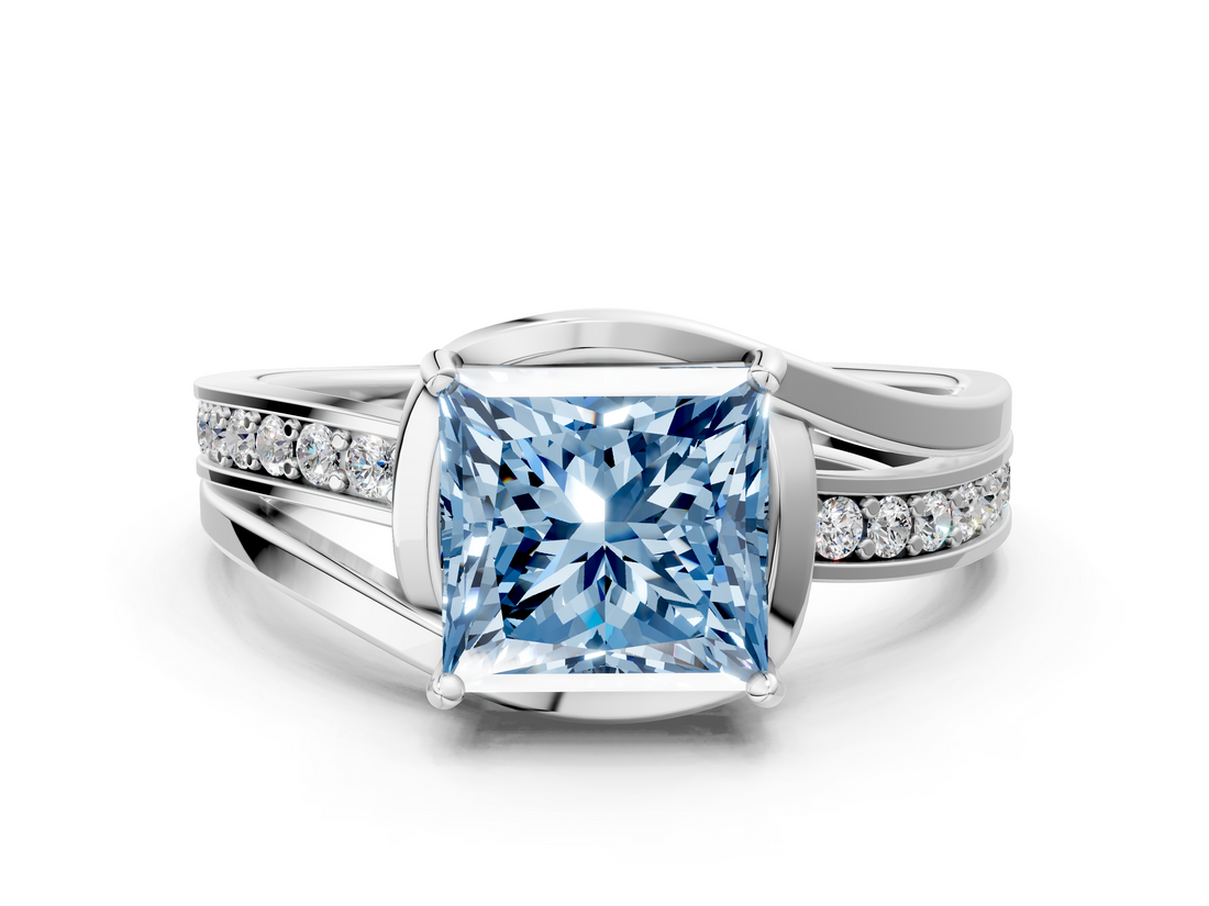 White gold Fancy Blue Princess  Solitaire Diamond Ring with Split Shank and Prong Setting_40