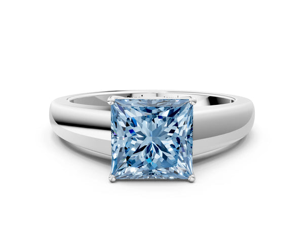 White gold Fancy Blue Princess  Solitaire Diamond Ring with Tapered Band and Four-Prong Setting