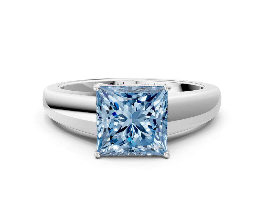 White gold Fancy Blue Princess  Solitaire Diamond Ring with Tapered Band and Four-Prong Setting
