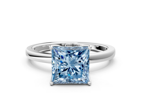 Platinum Fancy Blue Princess  Solitaire Diamond Ring with Thin Band and Four-Prong Setting