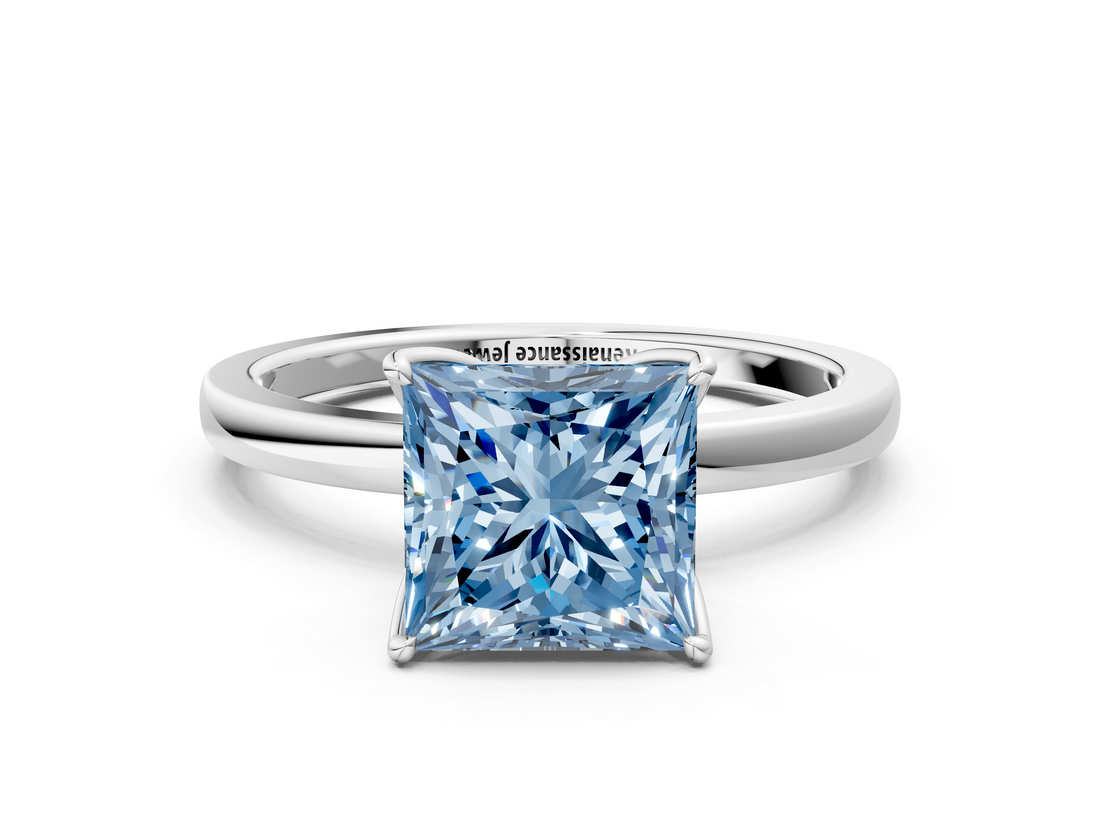 White gold Fancy Blue Princess  Solitaire Diamond Ring with Thin Band and Four-Prong Setting_3