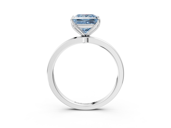 Platinum Fancy Blue Princess  Solitaire Diamond Ring with Thin Band and Four-Prong Setting