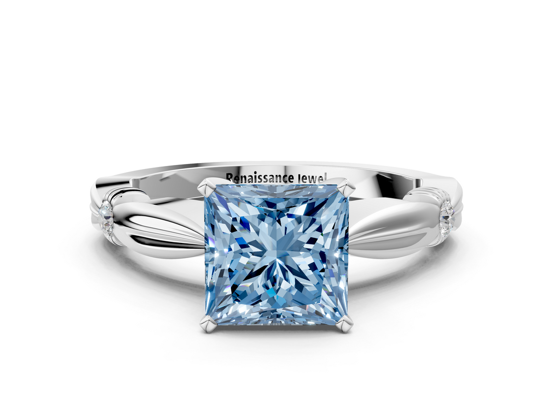 White gold Fancy Blue Princess  Solitaire Diamond Twisted Band with Four-Prong Setting_62