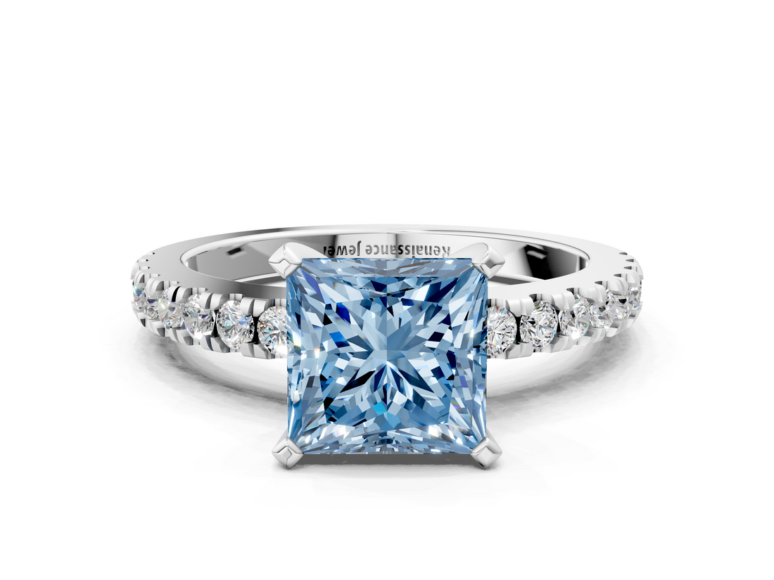 White gold Fancy Blue Princess  Solitaire Diamond with Pavé Band and Four-Prong Setting_45