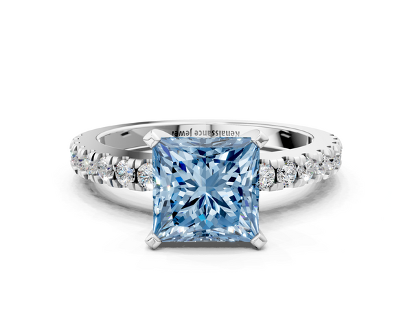 White gold Fancy Blue Princess  Solitaire Diamond with Pavé Band and Four-Prong Setting