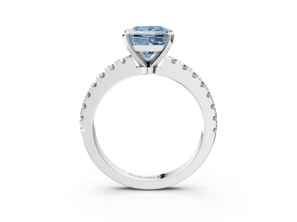 White gold Fancy Blue Princess  Solitaire Diamond with Pavé Band and Four-Prong Setting
