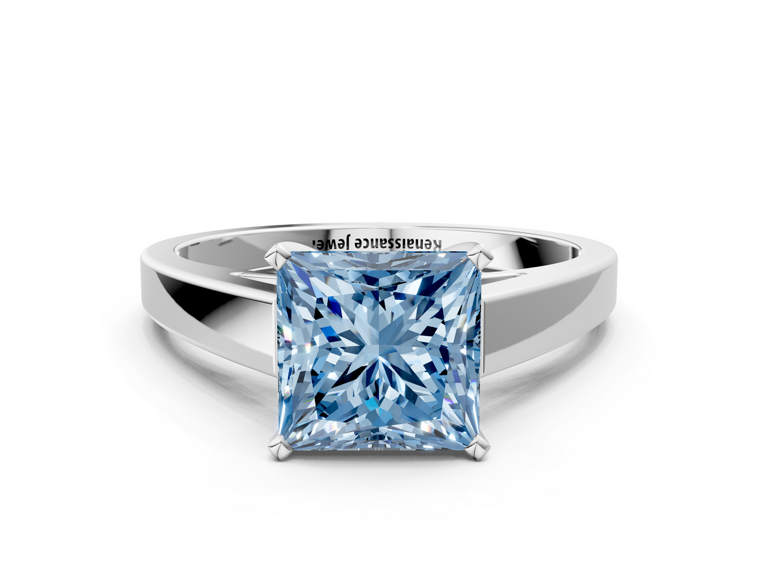 White gold Fancy Blue Princess  Solitaire Engagement Ring with Four-Prong Setting and Tapered Band_3