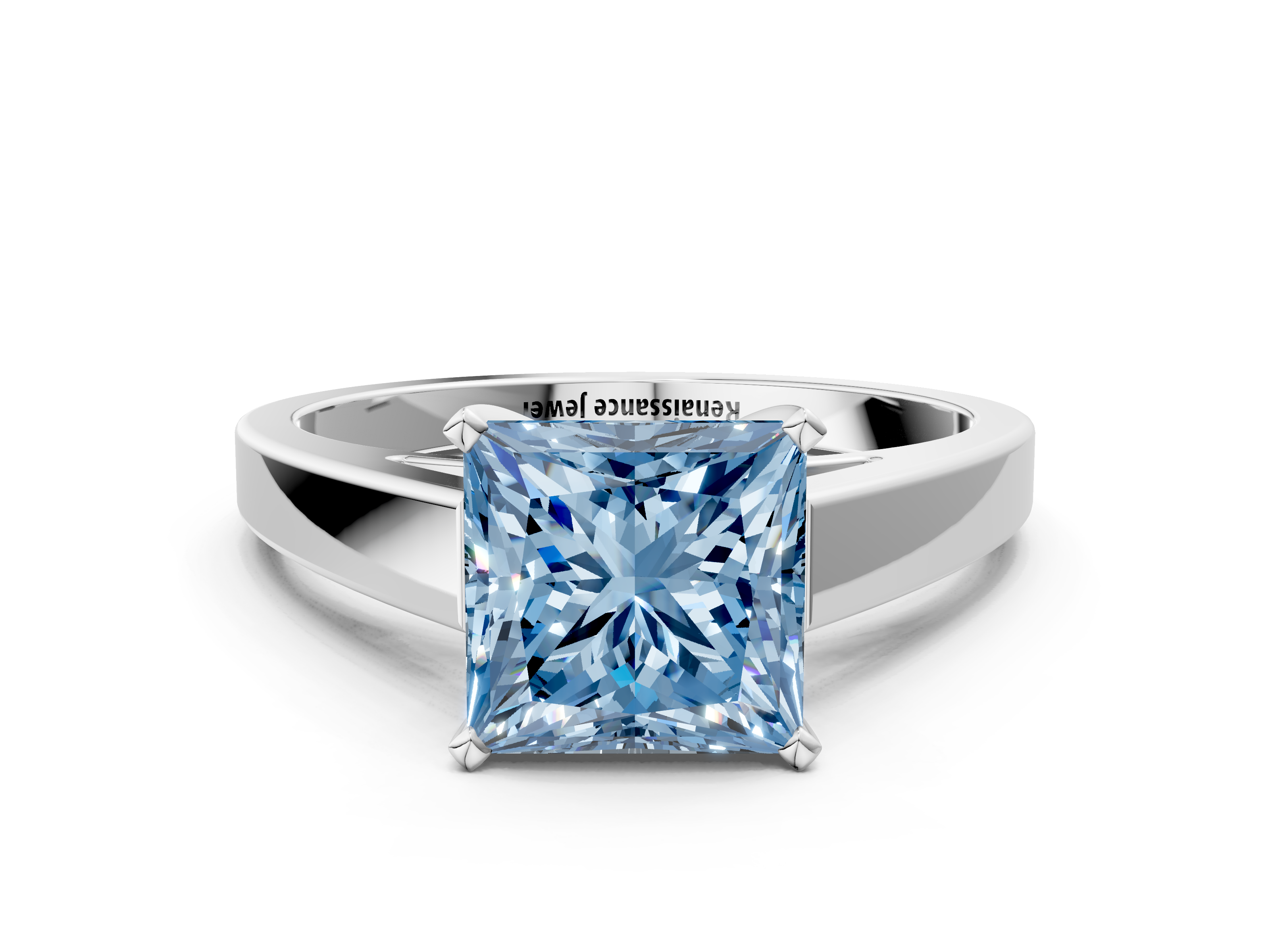 White gold Fancy Blue Princess Solitaire Engagement Ring with Four-Pro