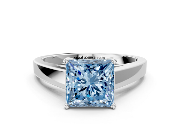 White gold Fancy Blue Princess  Solitaire Engagement Ring with Four-Prong Setting and Tapered Band