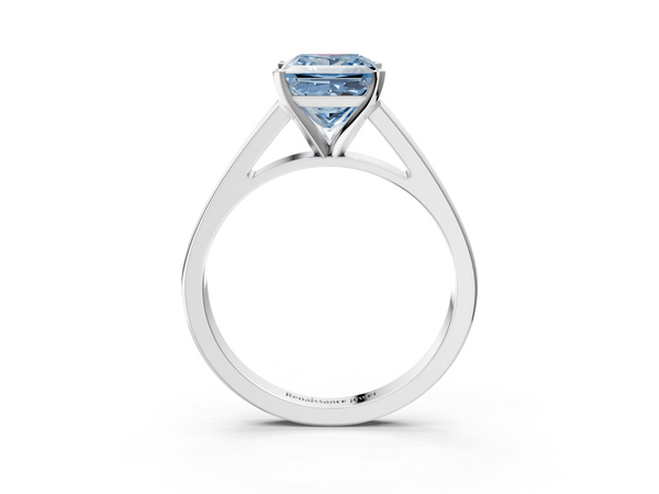 White gold Fancy Blue Princess  Solitaire Engagement Ring with Four-Prong Setting and Tapered Band