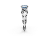 White gold Fancy Blue Princess  Solitaire Filigree Engagement Ring with Halo and Prong Setting_77