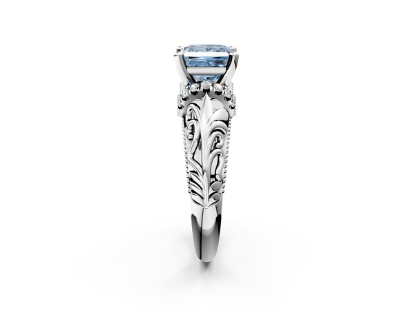 White gold Fancy Blue Princess  Solitaire Filigree Engagement Ring with Halo and Prong Setting