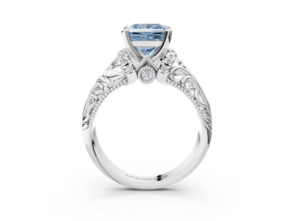 White gold Fancy Blue Princess  Solitaire Filigree Engagement Ring with Halo and Prong Setting