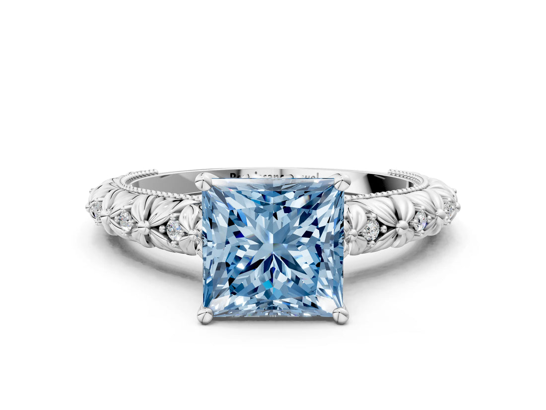 White gold Fancy Blue Princess  Solitaire Floral Milgrain Engagement Ring_25
