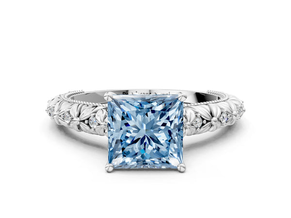 Platinum Fancy Blue Princess  Solitaire Floral Milgrain Engagement Ring