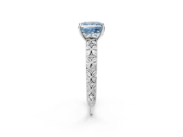 Platinum Fancy Blue Princess  Solitaire Floral Milgrain Engagement Ring