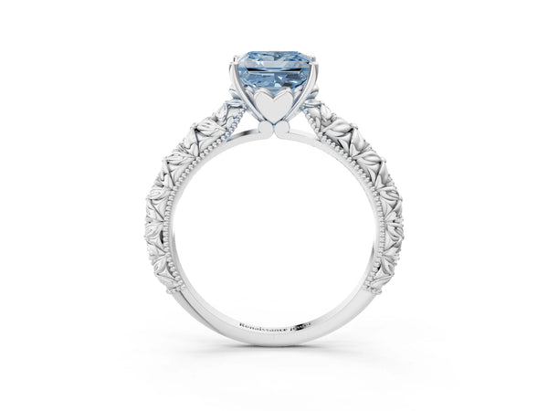 Platinum Fancy Blue Princess  Solitaire Floral Milgrain Engagement Ring