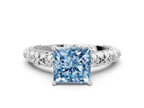 White gold Fancy Blue Princess  Solitaire Floral Milgrain Engagement Ring_30