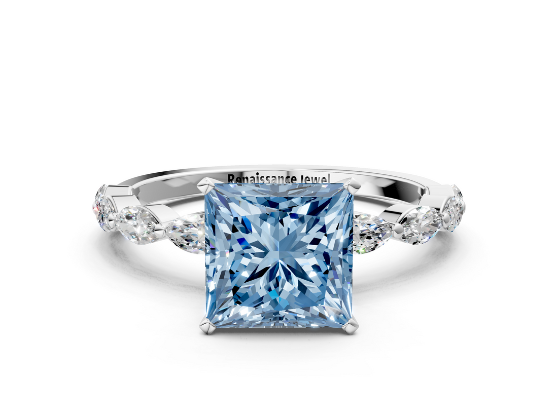White gold Fancy Blue Princess  Solitaire Marquise Side Stone Prong Setting Ring_42