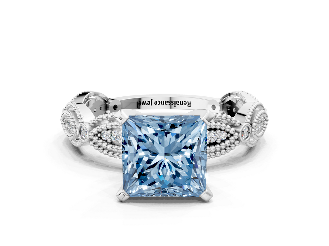 White gold Fancy Blue Princess  Solitaire Milgrain Diamond Engagement Ring with Bezel and Marquise Band_125