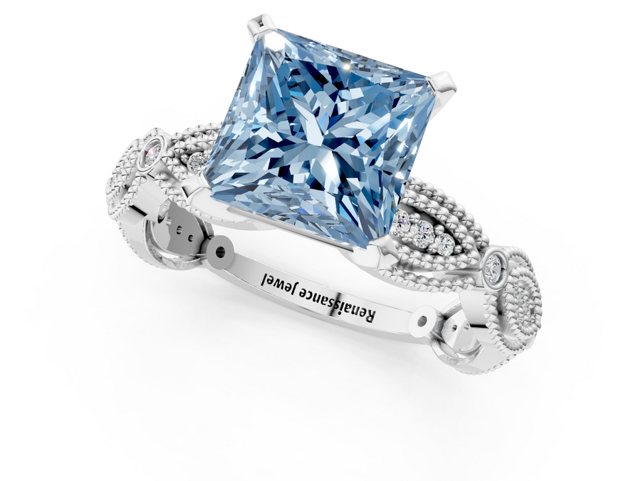 White gold Fancy Blue Princess  Solitaire Milgrain Diamond Engagement Ring with Bezel and Marquise Band