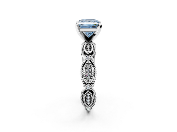 White gold Fancy Blue Princess  Solitaire Milgrain Diamond Engagement Ring with Bezel and Marquise Band